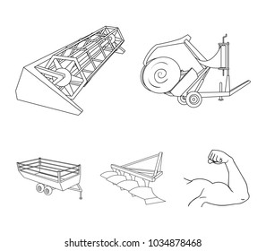 Plow, combine thresher, trailer and other agricultural devices. Agricultural machinery set collection icons in outline style vector symbol stock illustration web.