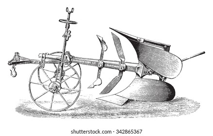 Plow double by R. Hornsby, vintage engraved illustration. Industrial encyclopedia E.-O. Lami - 1875.
