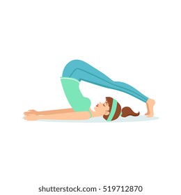 Plow Halasana Yoga Pose Demonstrated By The Girl Cartoon Yogi With Ponytail In Blue Sportive Clothing Vector Illustration