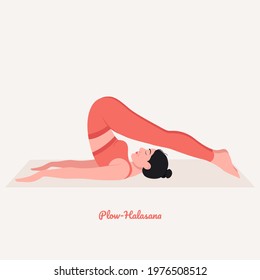 plow- Halasana Yoga pose. Young woman practicing yoga  exercise. Woman workout fitness, aerobic and exercises. Vector Illustration.