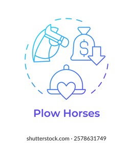 Plow horses blue gradient concept icon. Low profitability high popularity. Menu engineering matrix. Round shape line illustration. Abstract idea. Graphic design. Easy to use in promotional material