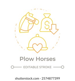 Plow horses duo tone concept icon. Low profitability high popularity. Menu engineering matrix. Round two color outline illustration. Abstract vector design. Easy to use in promotional material