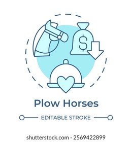 Plow horses soft blue concept icon. Low profitability high popularity. Menu engineering matrix. Round shape line illustration. Abstract idea. Graphic design. Easy to use in promotional material