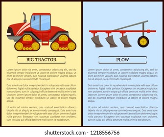 Plow plowing machine vehicle working and dodge. Posters with text sample set, agricultural devices and appliances, mechanical work on farm vector