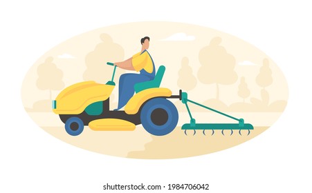 Plowing field with tractor. Farmer in uniform on wheeled machine plows soil Preparation sowing grain and vegetables in rural areas. Growing natural crops for sale. Vector flat illustration isolated