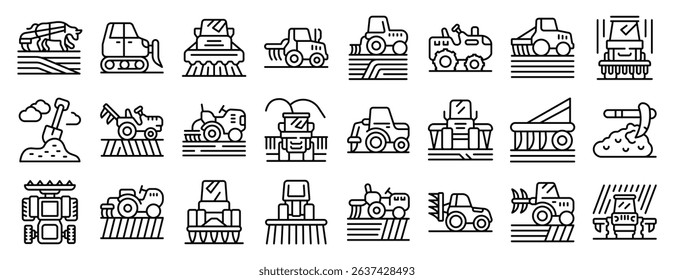 Plowing icons set. Icons depicting various agricultural machinery working on a field, showcasing farming activities like plowing, seeding, and harvesting
