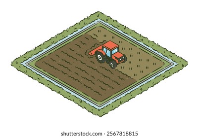 Plowing the soil with a tractor, isometric illustration