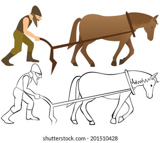 Plowman and horse with plow - color and outline illustration