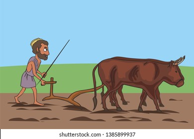 Plowman And Oxen Team Working At The Field, Funny Vector Cartoon Of Farming Origin