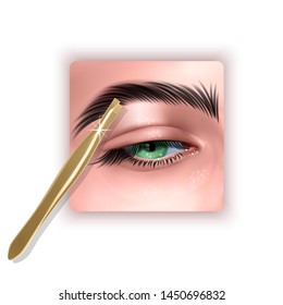 Plucking Brows Hair, Metal Tweezers For Eyebrows. 3D illustration in realistic style, Vector EPS 10 format