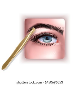 Plucking Brows Hair, Metal Tweezers For Eyebrows. 3D illustration in realistic style, Vector EPS 10 format