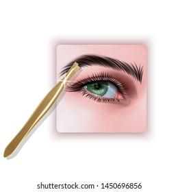 Plucking Brows Hair, Metal Tweezers For Eyebrows. 3D illustration in realistic style, Vector EPS 10 format