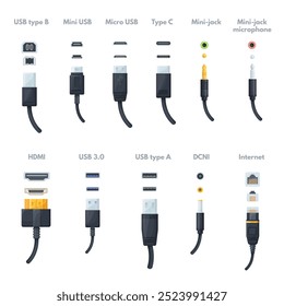 Plug cable connectors. Computer or phone cables and sockets, hdmi port lightning micro usb wire charge adapter network lan fiber pc laptop connector type, neat vector illustration original artwork