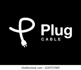 Plug Cable Power Electricity Wire Socket Cord Adapter with Letter P Simple Line Vector Logo Design