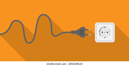 plug with cable and socket on orange wall, vector illustration