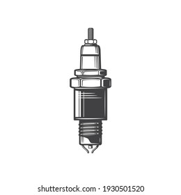 Icono monocromo aislado de la pieza de repuesto del motor del sistema de encendido por chispa. Bujía vectorial de la vela de combustión interna, pieza de repuesto del motor del sistema de encendido por chispa, símbolo de reparación y mantenimiento del automóvil