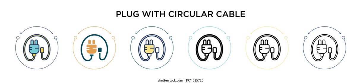 Plug with circular cable icon in filled, thin line, outline and stroke style. Vector illustration of two colored and black plug with circular cable vector icons designs can be used for mobile, ui,