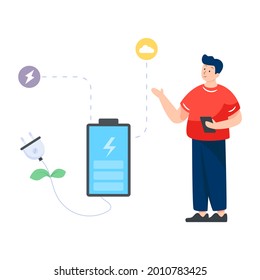 Enchufe conectada con batería, ilustración de acumulación de energía