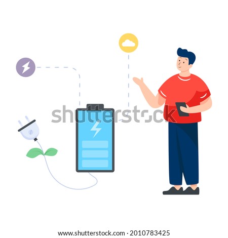 Plug connected with battery, illustration of energy accumulation