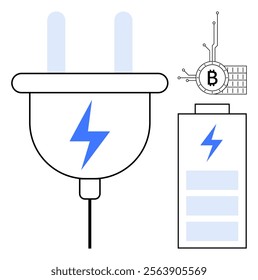 Plug connected to electricity, battery with charge levels, and digital currency symbol. Ideal for energy conservation, cryptocurrency mining, technology, sustainability, and digital transactions