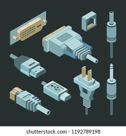 Plug connectors. Vga hand drawnmi video cable electricity power usb port socket adapters vector isometric. Illustration of usb plug with cable connect