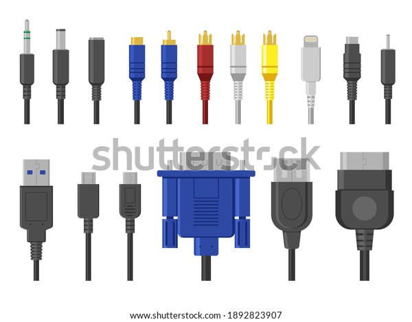 Plug contacts set. Cables, wire connectors,\
connection for ethernet, hdmi, vga, usb, video, audio ports. Vector\
illustration for computing, cord communication, hardware,\
electricity concept