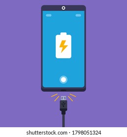 plug the cord from the charger into the cell phone. flat vector illustration.