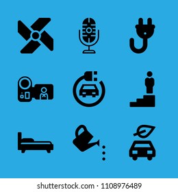 plug, electric car, microphone, promotion, electric car, camcorder, bed, windmill and watering can vector icon. Simple icons set