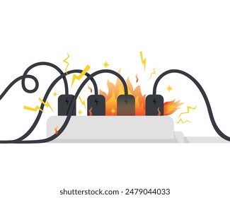 Plug with electric shock, Overload plug in power outlet in. Electric risk burn. Short circuit burning electrical. Fire from overload.