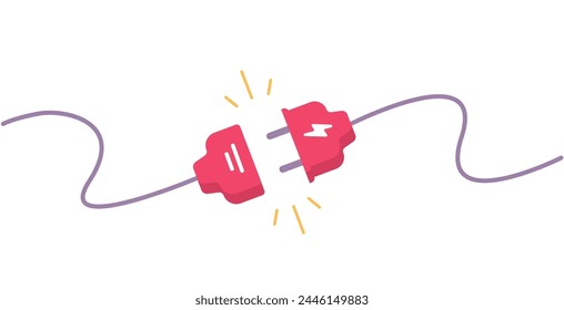 Plug electric turn off connection flat cartoon icon vector graphic illustration, idea of 404 error internet web page element, wire network cable disconnect, unplug electricity socket image clipart