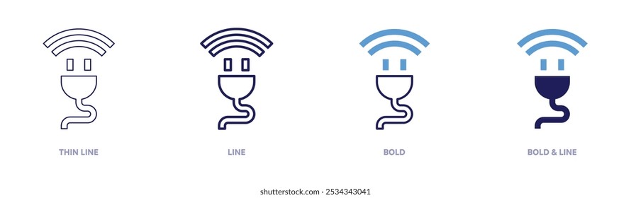 Enchufe el icono electrónico en 4 estilos diferentes. Línea delgada, línea, negrita y línea negrita. Estilo duotono. Trazo editable.