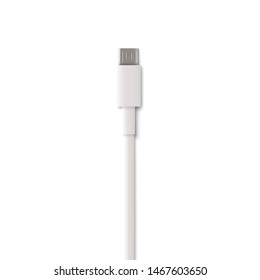 Plug end of white pin charger cable in realistic style, vector illustration isolated on white background. Power lead for smartphone charging, connector cable or wire