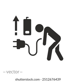 plug energy life icon, tired man with low level charge battery, no full  power, big load worker, flat vector illustration
