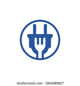 Plug and Gabel Logo. Elektrische Lebensmittelvektordesign-Vorlage.