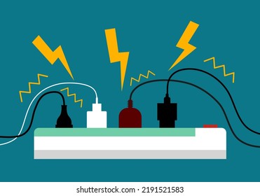 Plug in full power outlet strip overload in flat design. Electrical short circuit danger concept vector illustration.