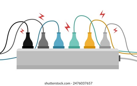 Enchufe la sobrecarga completa de la tira de la toma de corriente en diseño plano. Ilustración vectorial del concepto de peligro de cortocircuito eléctrico.