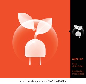 Plug and green leaves alpha icon - vector illustrations for branding, web design, presentation, logo, banners. Clean white transparent gradient icon with flat shapes. pixel-aligned on 96x96 pixel.