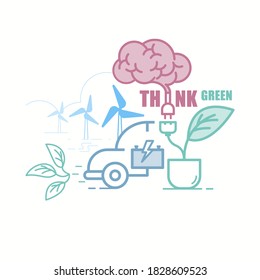 Plug in human brain to plant pot socket as a gimmick of think green. Think green typographic design. Vector illustration outline flat design style.