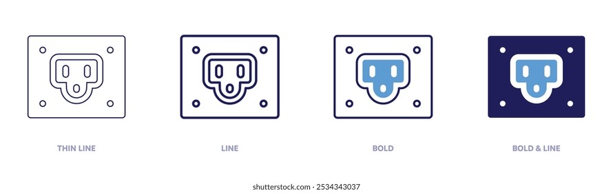 Icono de enchufe en 4 estilos diferentes. Línea delgada, línea, negrita y línea negrita. Estilo duotono. Trazo editable.