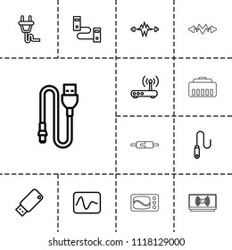 Plug icon. collection of 13 plug outline icons such as electricity, cable, wire, usb drive, router, phone cable. editable plug icons for web and mobile.