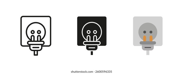 Plug icon. Electrical socket with power plug vector illustration. Wall outlet connection symbol. Energy supply and charging sign. Household and industrial electricity pictogram.