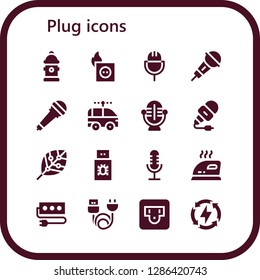  plug icon set. 16 filled plug icons. Simple modern icons about  - Hydrant, Plug, Microphone, Electric car, Renewable energy, Usb, Iron, Socket, Charge, Energy