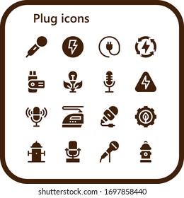 plug icon set. 16 filled plug icons. Included Microphone, Electricity, Plug, Energy, Usb, Green energy, Iron, Hydrant icons