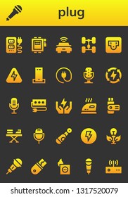 plug icon set. 26 filled plug icons.  Simple modern icons about  - Socket, Microphone, Electrical, Electric car, Chassis, Energy, Charger, Plug, Save energy, Iron, Usb, Electric