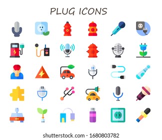 plug icon set. 30 flat plug icons. Included microphone, hydrant, fire hydrant, socket, charger, renewable energy, mechanic, electricity, electric car, usb cable, electric icons