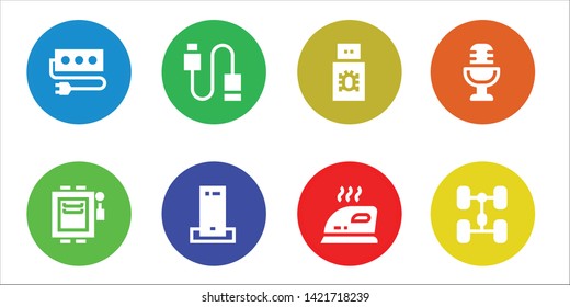 plug icon set. 8 filled plug icons.  Simple modern icons about  - Socket, Electrical, Usb, Charger, Iron, Microphone, Chassis