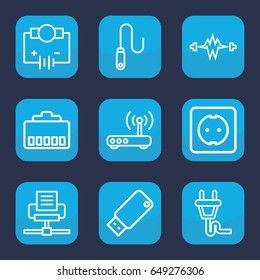 Plug icon. set of 9 outline plug icons such as wire, usb drive, router, electricity, electricity, phone cable