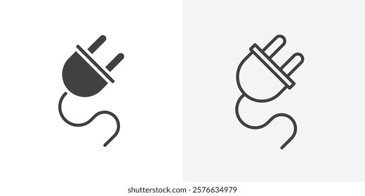 Plug icon set in black flat solid and outlined style.