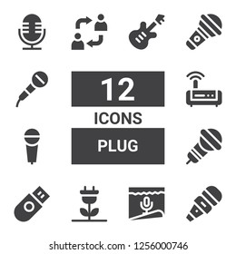 plug icon set. Collection of 12 filled plug icons included Microphone, Renewable energy, Usb, Modem, Alternate, Electric