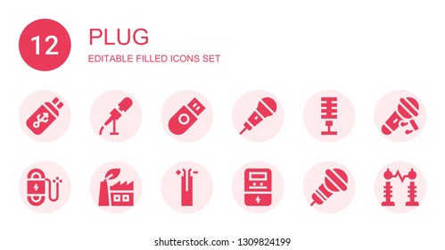plug icon set. Collection of 12 filled plug icons included Usb, Microphone, Wire, Green power, Voltmeter, Electricity